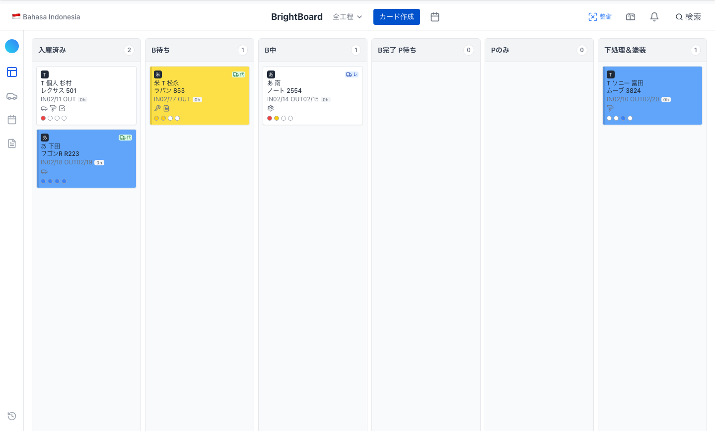 BrightBoard 実際の工程管理ボード画面（かんばん形式・デモデータ）